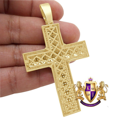 3D Real Genuine Authentic Italian Sterling Silver 21+ Grams 5.00 Cwt. Simulated Diamond 14K Gold On Jesus Cross Custom Pendent Charm 2.25''