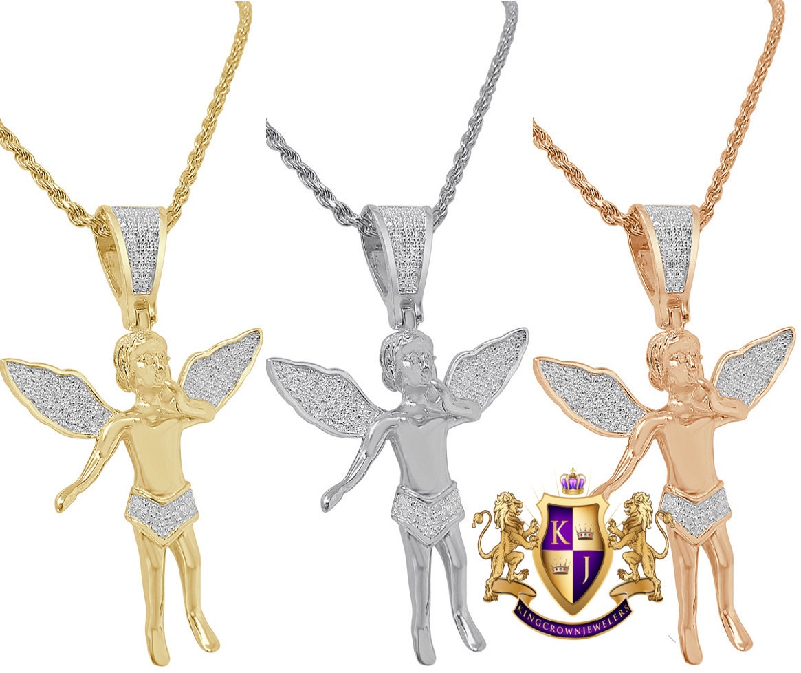 Real Genuine Diamond 0.25 Cwt. 1OK Gold Over Baby Cherub Angel Pendant 3D Wings Pendent Charm Chain Set