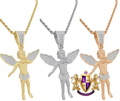Real Genuine Diamond 0.25 Cwt. 1OK Gold Over Baby Cherub Angel Pendant 3D Wings Pendent Charm Chain Set