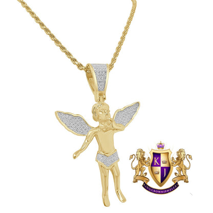 Real Genuine Diamond 0.25 Cwt. 1OK Gold Over Baby Cherub Angel Pendant 3D Wings Pendent Charm Chain Set