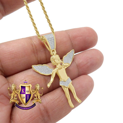 Real Genuine Diamond 0.25 Cwt. 1OK Gold Over Baby Cherub Angel Pendant 3D Wings Pendent Charm Chain Set