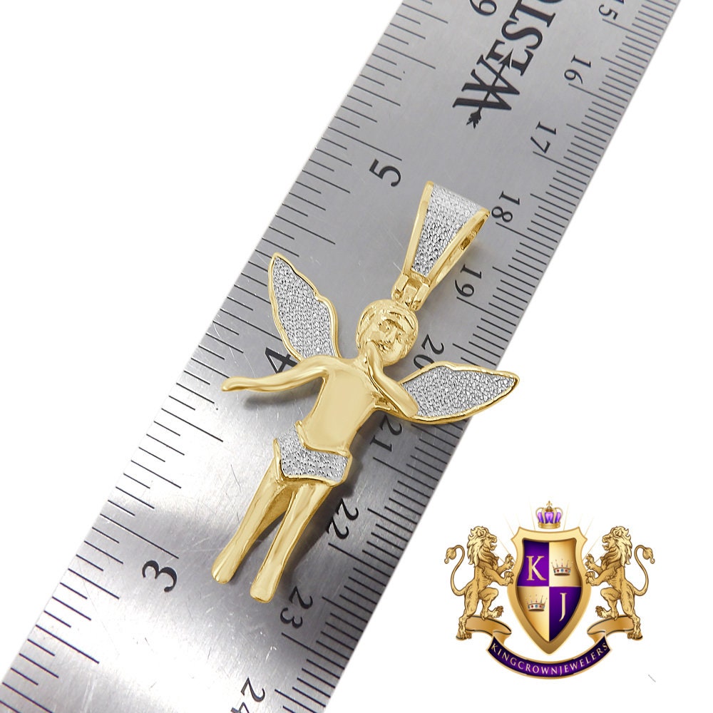 Real Genuine Diamond 0.25 Cwt. 1OK Gold Over Baby Cherub Angel Pendant 3D Wings Pendent Charm Chain Set