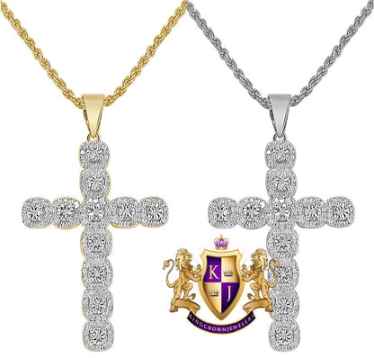Real Genuine Diamond 0.48 Cwt. 1OK Gold Over Flower Cluster Cross Pendant Religious Charm Chain Set
