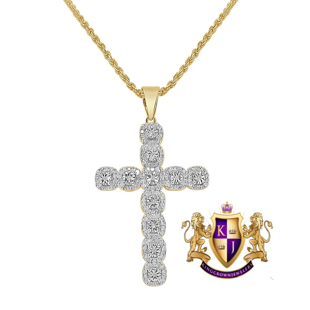 Real Genuine Diamond 0.48 Cwt. 1OK Gold Over Flower Cluster Cross Pendant Religious Charm Chain Set