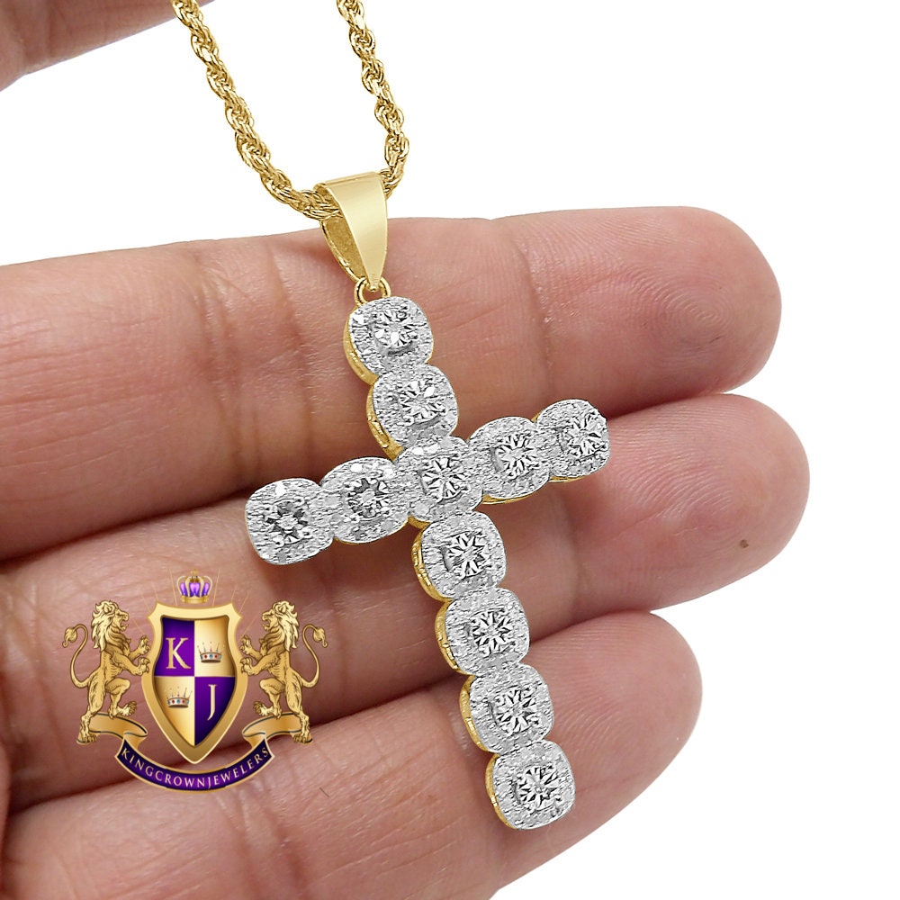 Real Genuine Diamond 0.48 Cwt. 1OK Gold Over Flower Cluster Cross Pendant Religious Charm Chain Set