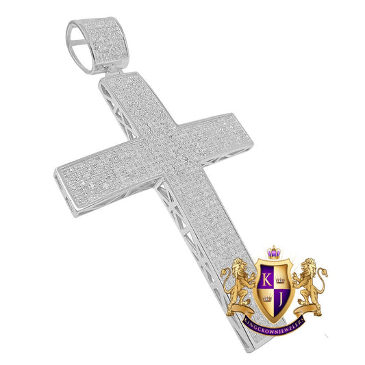 Real Genuine Diamond 2.43 Cwt. Big XL 3.25'' White Gold Over Holy Jesus Cross Pendent Charm