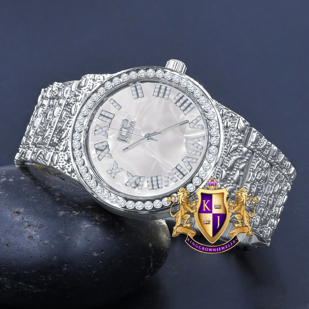 Men's Roman Numeral Dial 18K White Gold Finish Silver Face Simulated Diamond 5 ATM Water Resistant Solid Steel Back Nugget Watch 44mm