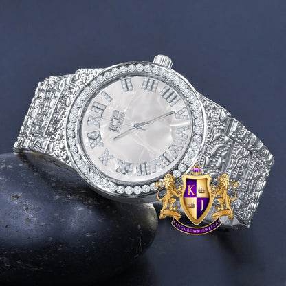 Men's Roman Numeral Dial 18K White Gold Finish Silver Face Simulated Diamond 5 ATM Water Resistant Solid Steel Back Nugget Watch 44mm