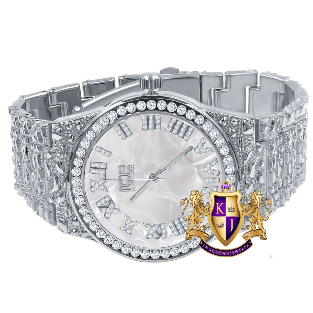 Men's Roman Numeral Dial 18K White Gold Finish Silver Face Simulated Diamond 5 ATM Water Resistant Solid Steel Back Nugget Watch 44mm