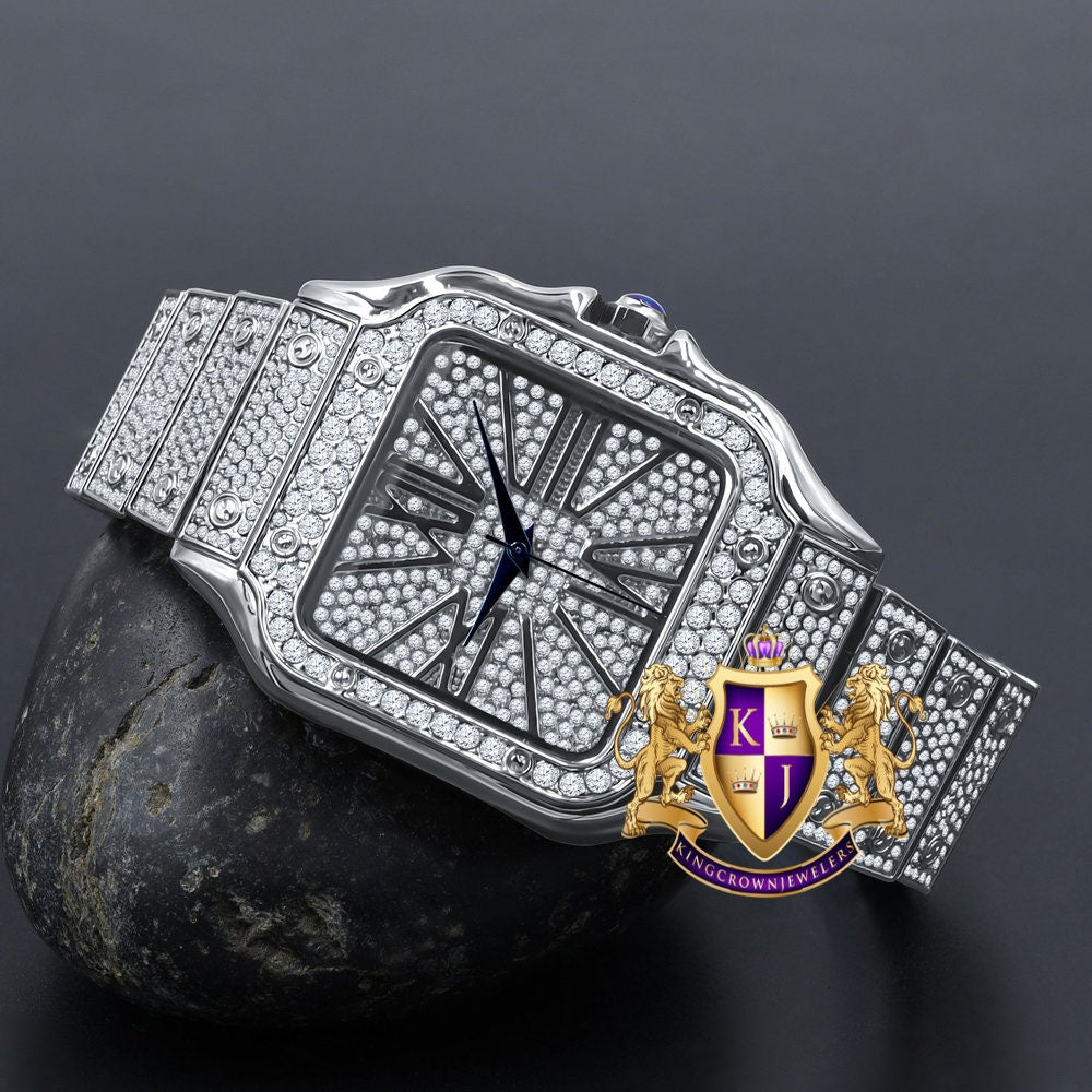 Men's White Gold Finish Simulated Diamond Water Resistance Steel Back Square Metal Band Watch