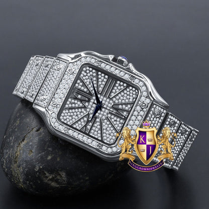Men's White Gold Finish Simulated Diamond Water Resistance Steel Back Square Metal Band Watch
