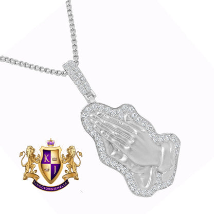 Men's Ladies Genuine Italian Sterling Silver Simulated Diamond Designer Praying Hands Pendent Charm + Free Chain