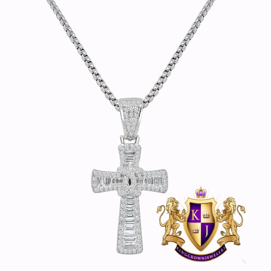 Real Genuine Sterling Silver Baguette/Round Cut Simulated Diamond Mini Cross Pendent Charm + Free Chain