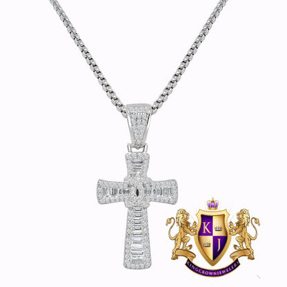 Real Genuine Sterling Silver Baguette/Round Cut Simulated Diamond Mini Cross Pendent Charm + Free Chain