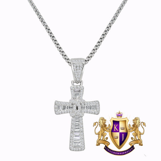 Real Genuine Sterling Silver Baguette/Round Cut Simulated Diamond Mini Cross Pendent Charm + Free Chain