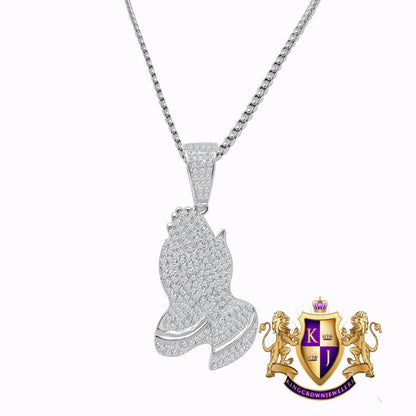 Genuine Italian Sterling Silver Simulated Diamond Designer Praying Hands Mini Pendent Charm + Free Chain