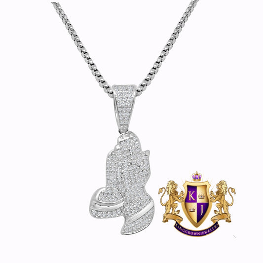 Real Sterling Silver Simulated Diamond Designer Praying Hands Mini Pendent Charm + Free Chain