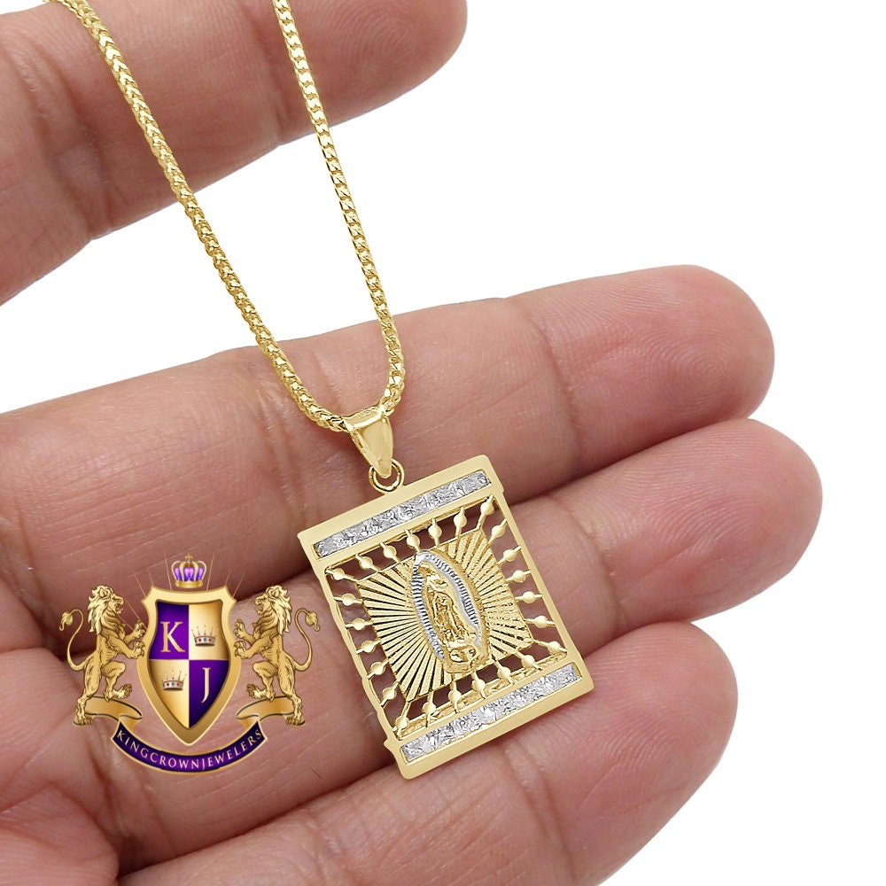 Men's 100% 10K Real Solid Yellow Gold Mother Mary Pendant Religious Pendent Frame Charm + Free Chain