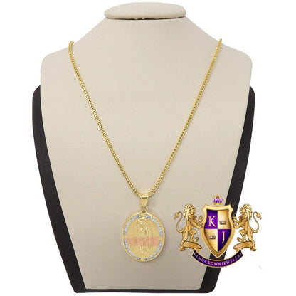 10K Real Solid Yellow Gold Mother Mary Pendant Religious Pendent Frame Unisex Charm + Free Chain