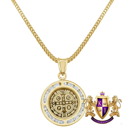 Unisex 10K Real Solid Yellow Gold Saint Benedict of Nursia Christianity Jesus Cross Mini Pendent Charm + Free Chain