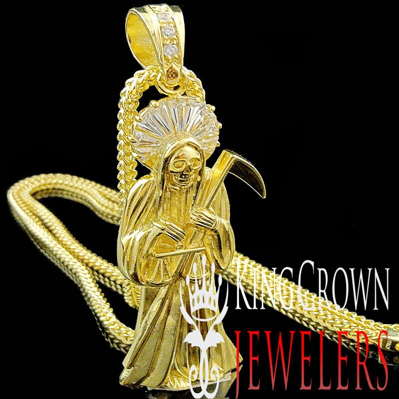 Real Yellow Gold Sterling Silver Santa Muerte Grim Reaper Angel of Death Pendent Charm Chain Set XL Big 3.25''