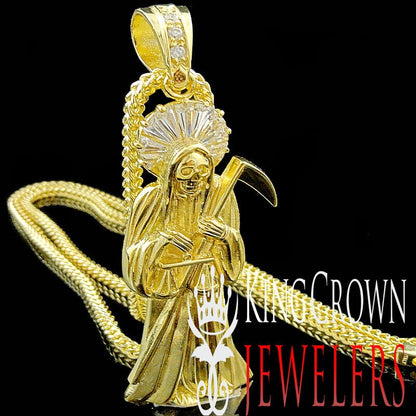 Real Yellow Gold Sterling Silver Santa Muerte Grim Reaper Angel of Death Pendent Charm Chain Set XL Big 3.25''