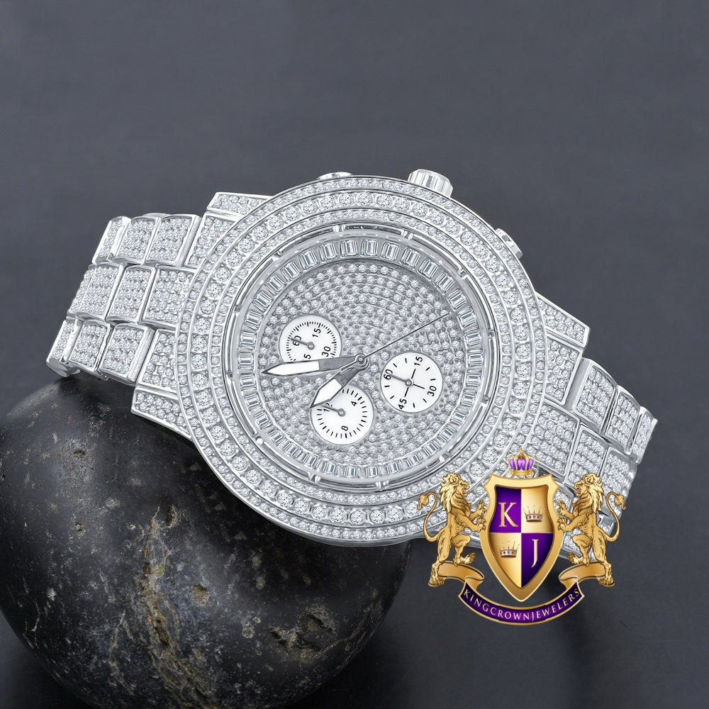 Men's 18K White Gold Finish Simulated Diamond Solid Steel Back Iced Out Bezel Band Watch 44mm