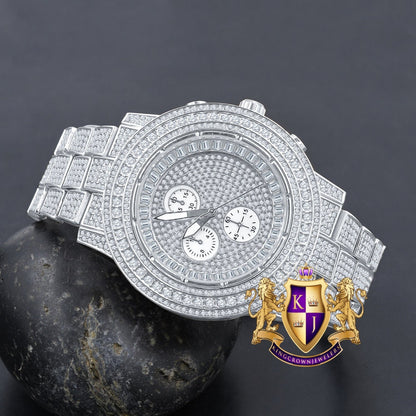 Men's 18K White Gold Finish Simulated Diamond Solid Steel Back Iced Out Bezel Band Watch 44mm