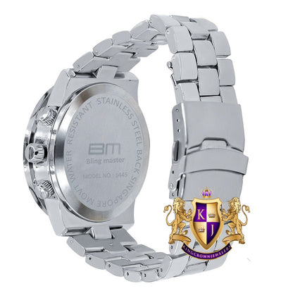 Men's 18K White Gold Finish Simulated Diamond Solid Steel Back Iced Out Bezel Band Watch 44mm