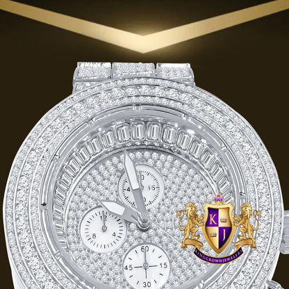 Men's 18K White Gold Finish Simulated Diamond Solid Steel Back Iced Out Bezel Band Watch 44mm