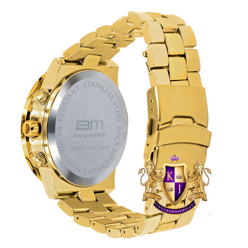 Men's 18K Yellow Gold Finish Simulated Diamond Solid Steel Back Iced Out Bezel Band Watch 44mm