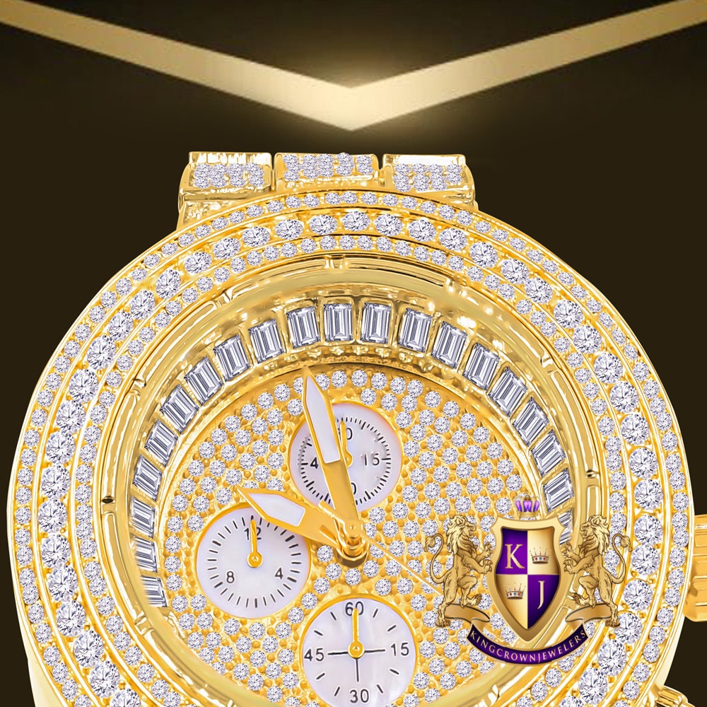 Men's 18K Yellow Gold Finish Simulated Diamond Solid Steel Back Iced Out Bezel Band Watch 44mm