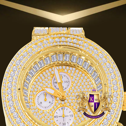 Men's 18K Yellow Gold Finish Simulated Diamond Solid Steel Back Iced Out Bezel Band Watch 44mm
