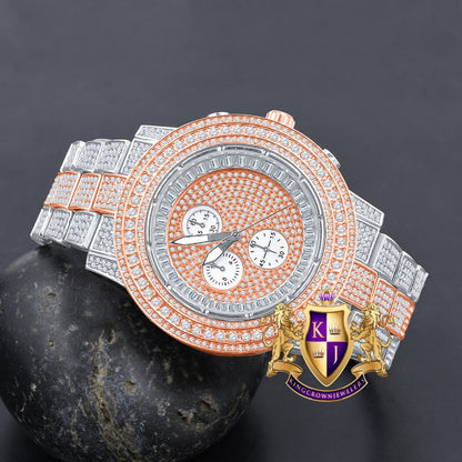 Men's 2 Tone Rose Gold Finish Simulated Diamond Solid Steel Back Iced Out Bezel Band Watch 44mm