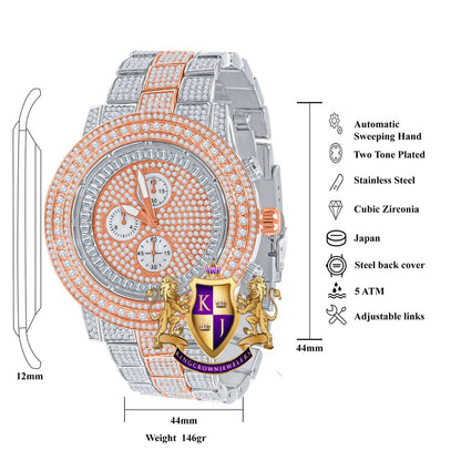 Men's 2 Tone Rose Gold Finish Simulated Diamond Solid Steel Back Iced Out Bezel Band Watch 44mm
