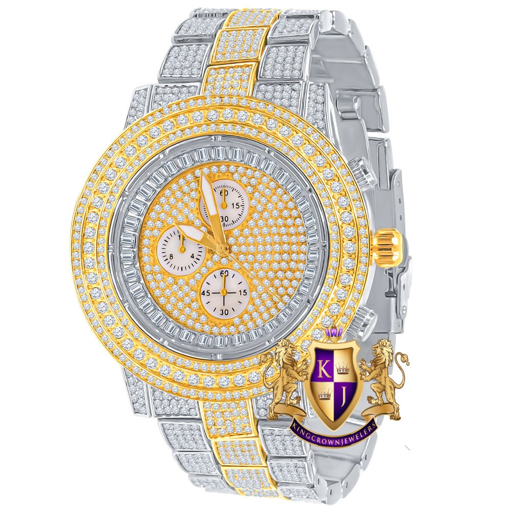 Men's 2 Tone Yellow Gold Finish Simulated Diamond Solid Steel Back Iced Out Bezel Band Watch 44mm