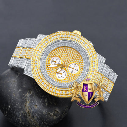 Men's 2 Tone Yellow Gold Finish Simulated Diamond Solid Steel Back Iced Out Bezel Band Watch 44mm