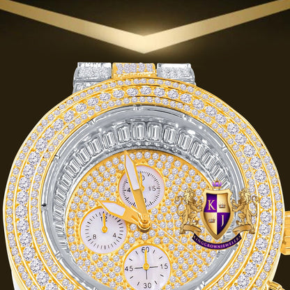 Men's 2 Tone Yellow Gold Finish Simulated Diamond Solid Steel Back Iced Out Bezel Band Watch 44mm
