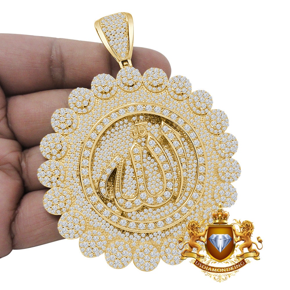 Real Genuine Sterling Silver Custom Piece Jumbo 3.75'' Simulated Diamond Allah God Muslim Arabic Islamic Pendant Charm Medallion 88+ Grams