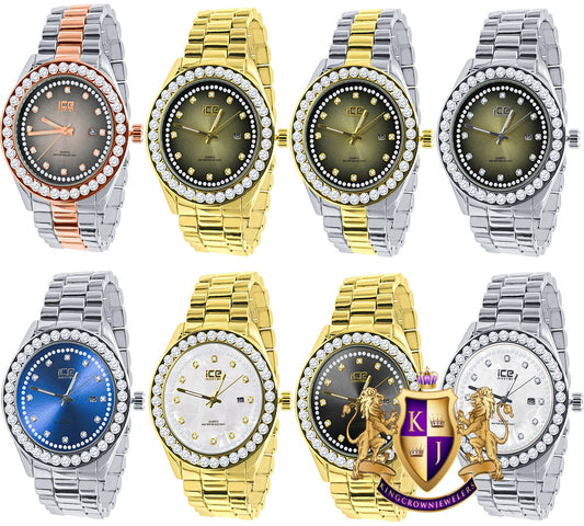 Solitaire Men's 18K Gold Finish Simulated Diamond Solid Stainless Steel Back Presidential Watch 44mm