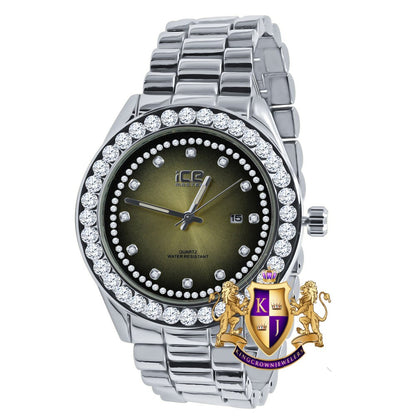 Solitaire Men's 18K Gold Finish Simulated Diamond Solid Stainless Steel Back Presidential Watch 44mm