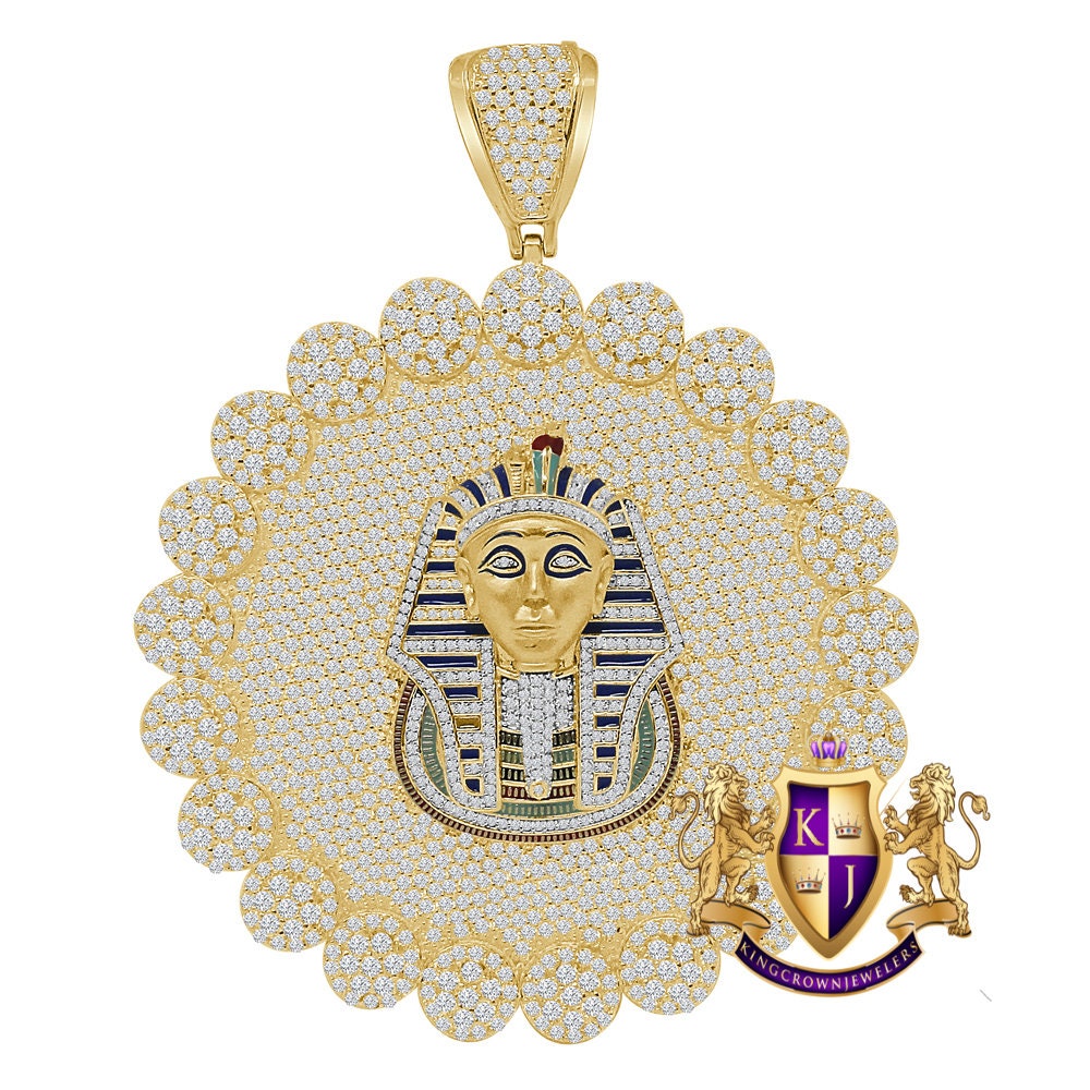 Custom Piece Big Jumbo 3.75'' Real Sterling Silver 14k Gold Over Simulated Diamond Egyptian Pharaoh Pendent Charm Medallion 88+ Grams