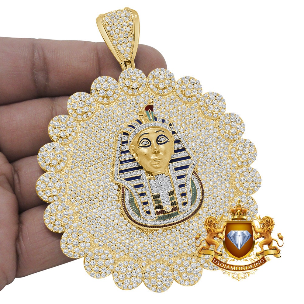 Custom Piece Big Jumbo 3.75'' Real Sterling Silver 14k Gold Over Simulated Diamond Egyptian Pharaoh Pendent Charm Medallion 88+ Grams