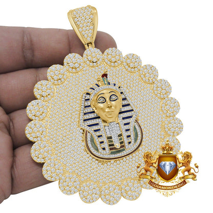 Custom Piece Big Jumbo 3.75'' Real Sterling Silver 14k Gold Over Simulated Diamond Egyptian Pharaoh Pendent Charm Medallion 88+ Grams
