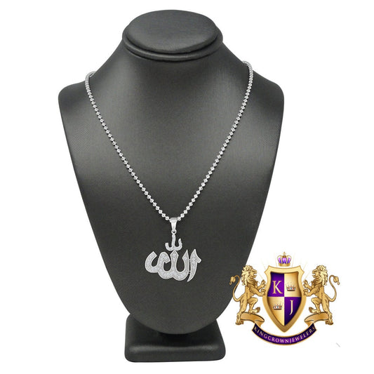 Real Genuine Sterling Silver Allah God Muslim Pendent Simulated Diamond Mini Charm Chain Set