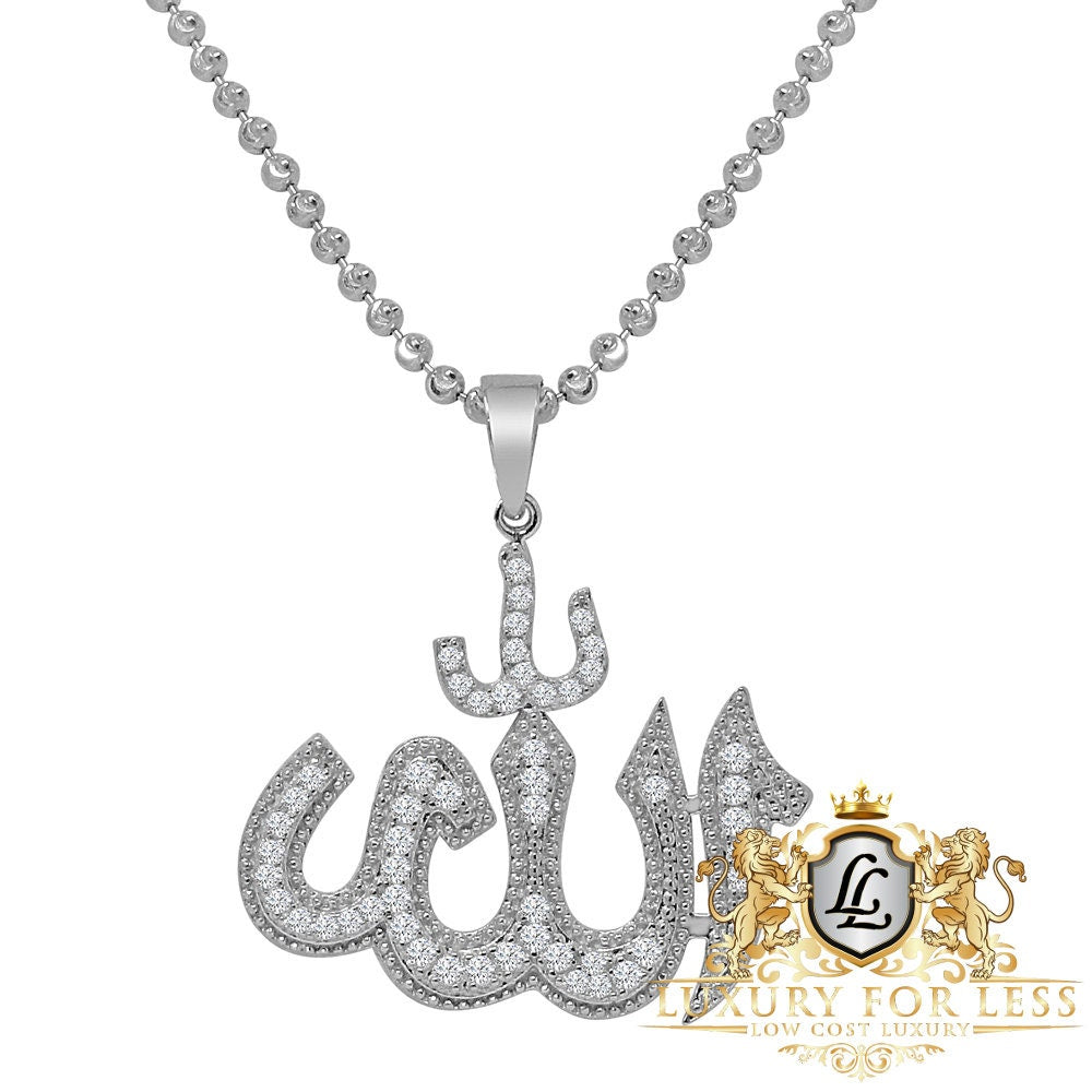 Real Genuine Sterling Silver Allah God Muslim Pendent Simulated Diamond Mini Charm Chain Set