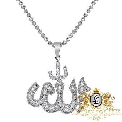 Real Genuine Sterling Silver Allah God Muslim Pendent Simulated Diamond Mini Charm Chain Set