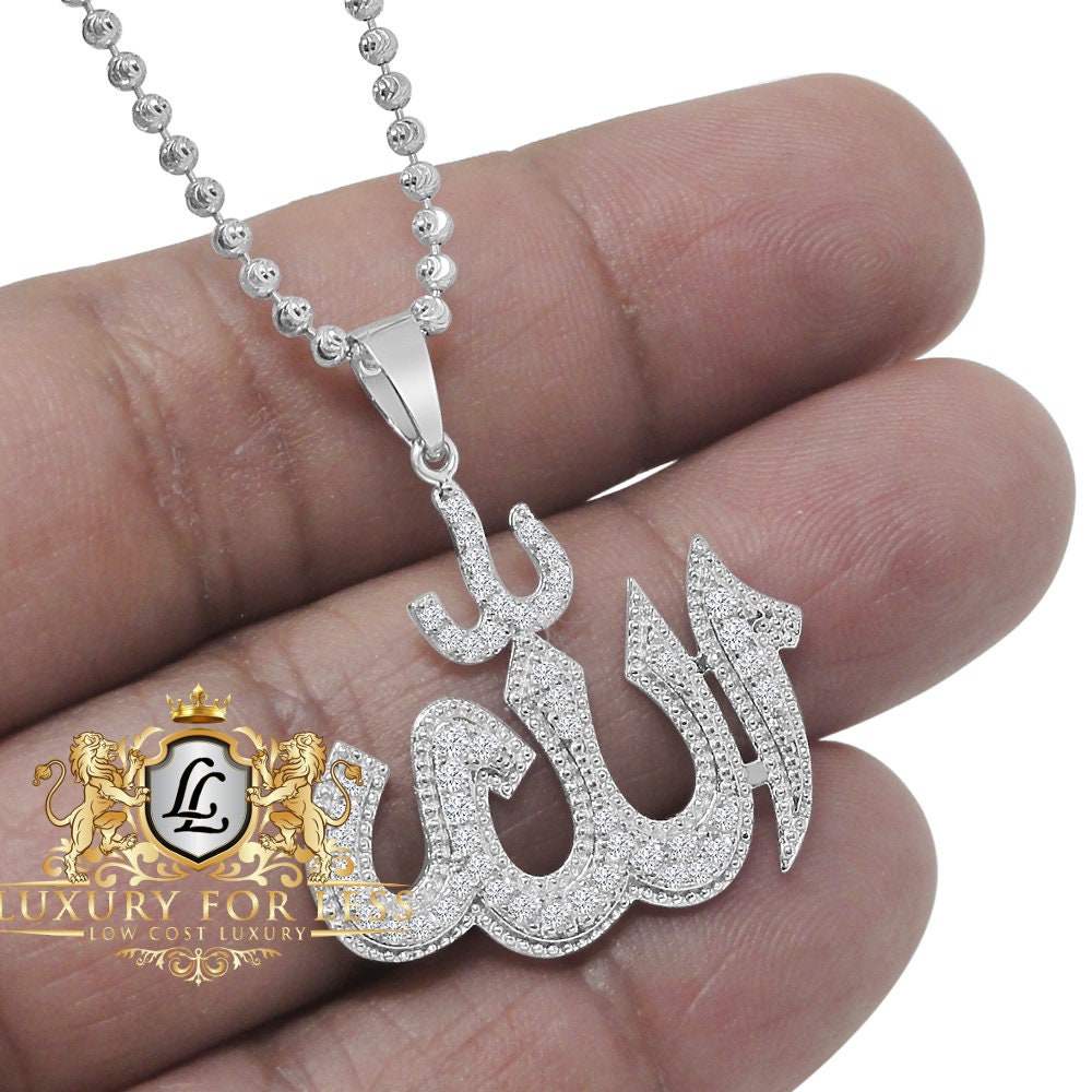 Real Genuine Sterling Silver Allah God Muslim Pendent Simulated Diamond Mini Charm Chain Set