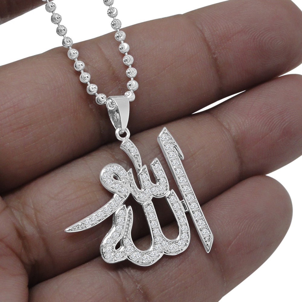 Genuine Sterling Silver Allah God Muslim Islamic Pendent Simulated Diamond Mini Charm Chain Set