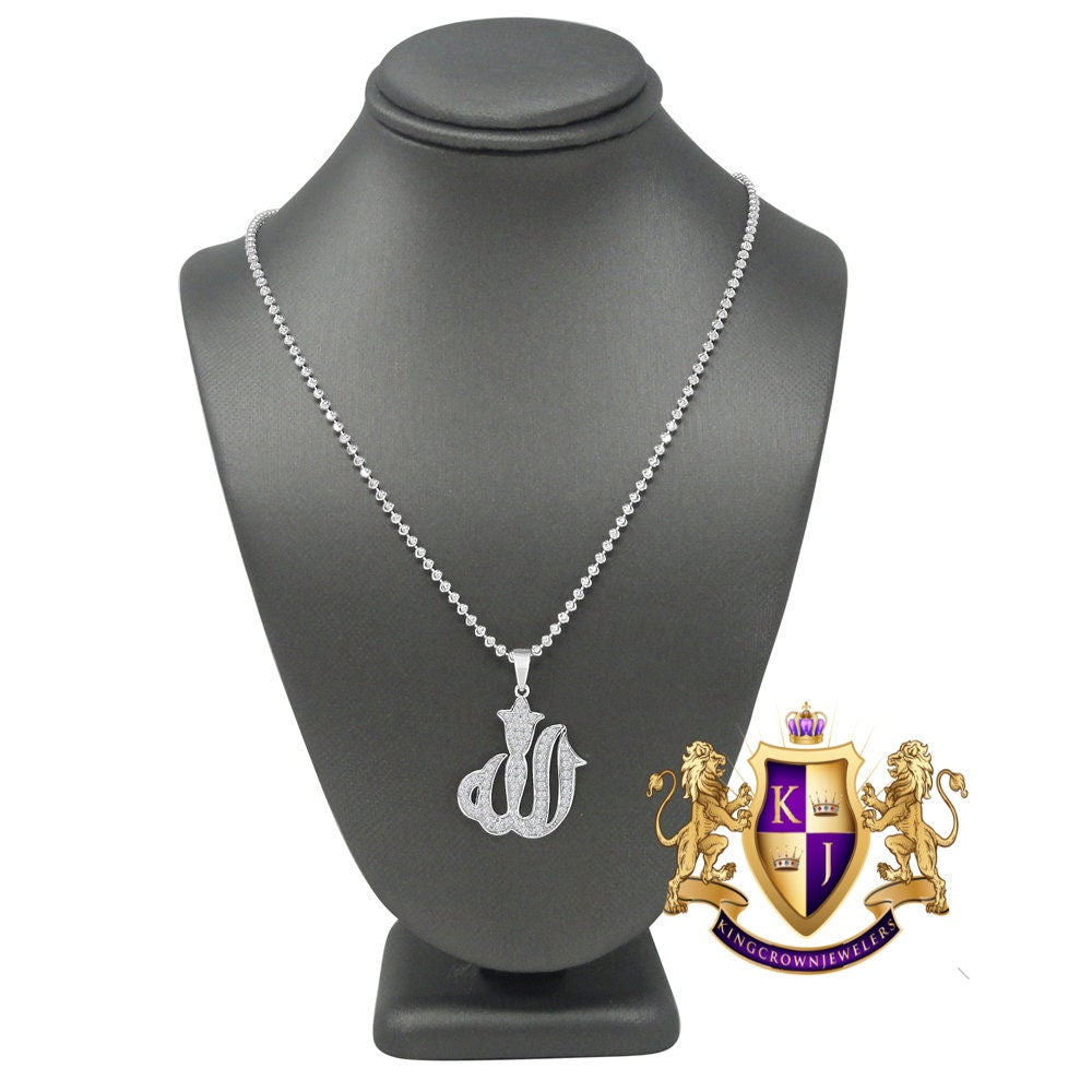 Pure Italian Sterling Silver Allah God Muslim Islamic Pendent Simulated Diamond Mini Charm Chain Set